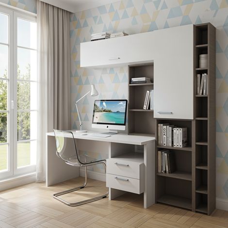 Angolo studio multifunzionale con libreria a profondità variabile e cassettiera integrata - Bianco e Fumo