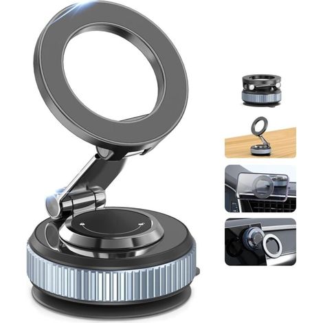 Support Telephone Voiture Magnetique, 360° Rotation Porte Telephone Voiture Aimant Telephone Voiture sous Vide, Support Phone Voiture Pliable avec Anneau Magnétique pour Tous Les Smartphone (1/4)