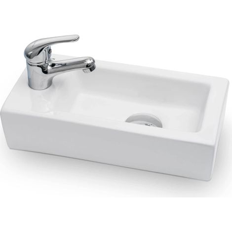 Vilstein Waschbecken Aufsatzwaschbecken Hängewaschbecken Keramik, 36x18x9cm, Armatur Links