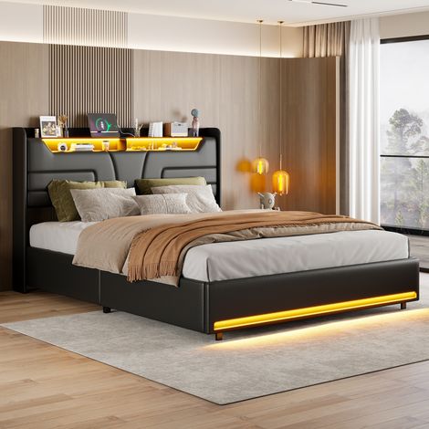 Lit coffre 140x190 cm, avec levier hydraulique, Tête de lit avec éclairage LED et ports USB, sommier à lattes intégré, PU noir