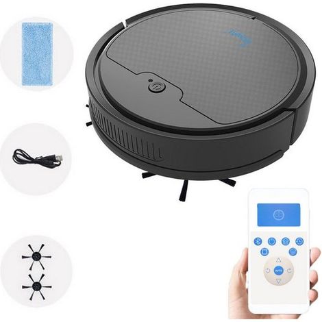 Aspirateur robot, Robot Laveur, Aspirateur robot 2 en 1, Contrôle APP, puissance d'aspiration 1600 PA, prévention des chutes, Noir, KINSI (1/5)