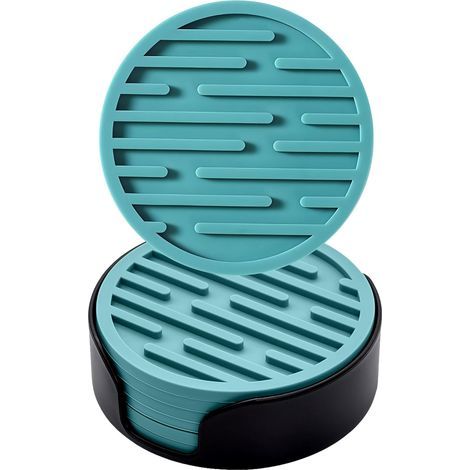 Juego de 6 posavasos de silicona de 10 cm de diámetro (verde grisáceo) con soportes, posavasos redondos antideslizantes, adecuados para tazas, posavasos para beber (1/5)
