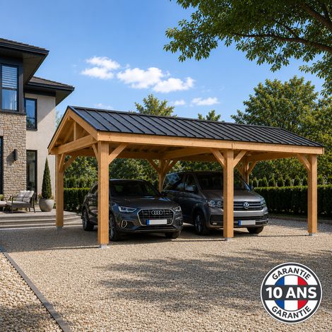 Carport bois 2 pentes en bois douglas 21 m², 6 poteaux avec pieds de poteaux fixes. Abri voiture extérieur. Garantie 10 ans. (1/5)
