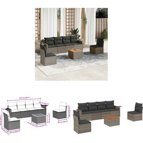 7-tlg. Garten-Sofagarnitur mit Kissen Grau Poly Rattan - Gartenmöbel Set - PE-Rattan Möbel - Outdoor Lounge - Esszimmergarnitur - Balkonmöbel - Home & Living (1/3)