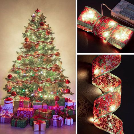 Guirlande rouge de Noël de 2 m, décorations d'arbre de Noël, guirlande lumineuse en ruban lumineuse de Noël, décorations de Noël (blanc froid) (1/5)