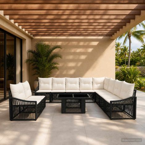 vidaXL Set Divano da Giardino 11 pz Nero e Bianco Crema polyrattan (1/5)