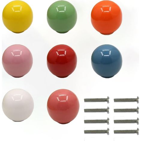 8PC Vintage Colourful Ceramic Door Drawer Handles, 33 mm Round Drawer, Furniture Knobs, Door Knobs, Ball Shape Furniture Handles for Cupboards, Dresser, Kitchen, (8, Colour)