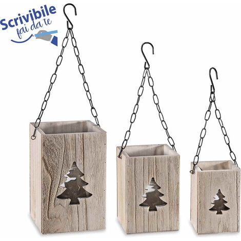 Lanterne natalizie in legno con vasetto di vetro e intaglio ad albero con corda in metallo per appendere, Grande: cm 15 x 15 x 23 H