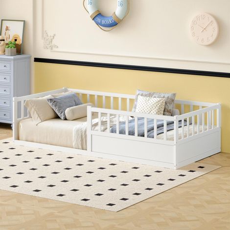 Lit enfant en bois massif, lit au sol 90x200 cm avec protection anti-chute et sommier à lattes, lit Montessori, berceau à côté ouvert, lit simple en pin blanc
