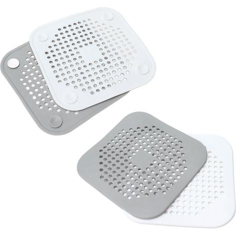 4 Pièces Grille de Drain Carrée en TPR avec Ventouses pour Arrêter les Cheveux, Salle de Bain, Baignoire, Cuisine, Gris et Blanc