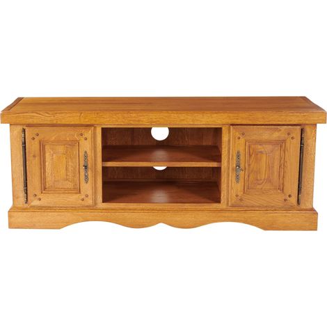 Hellin – Meuble TV bas en chêne massif 130x40x50 cm – 2 rangements fermés et 2 niches ouvertes – Passe-câble intégré – Finition chêne moyen (1/5)