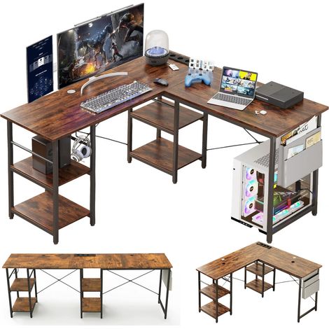 Bureau d'angle convertible 140 cm – 4 étagères de rangement – Charge 180 kg – Bois d'ingénierie et métal – Pour espace de travail optimisé