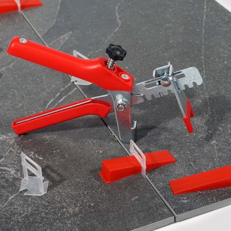XPOtool Fliesen Nivelliersystem Set mit 800 Zuglaschen 1,0 mm Fugenbreite und Nivellierzange als Verlegehilfe für Wandfliesen und Bodenfliesen (1/4)