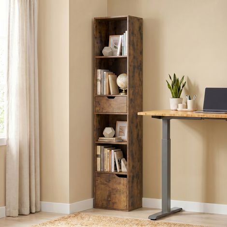 Étagère à 6 niveaux, 3 hauteurs réglables, avec tiroir et porte-armoire, bibliothèque modulable en brun, meuble de rangement polyvalent (1/5)
