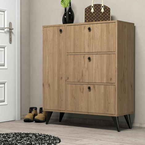 Meuble à chaussures décor bois 4 portes pieds obliques UMEA