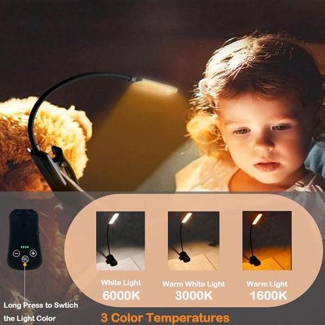 Lampada da lettura ricaricabile tramite USB, 8 livelli di luminosità, 8 ore di autonomia, lampada da lettura con morsetto, lampada da comodino con morsetto, nera (1/5)