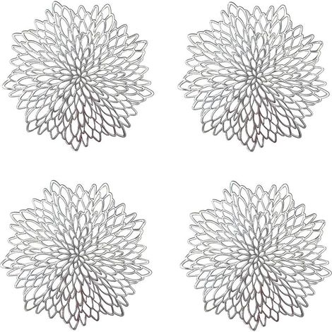 4 Pièces Napperon de Table Argent, Set de Table Rond évidé, Napperons Ronds Tapis de Table en Plastique, Utilisé pour L'isolation Thermique de L'assiette et de la Décoration de Table (Argent) (1/5)