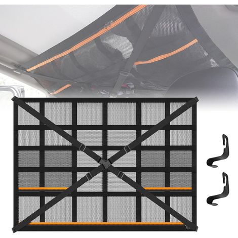 Red de almacenamiento para coche de 90 × 65 cm, red de almacenamiento universal para coche, red elástica con bolsillos con cremallera y ganchos. (1/5)