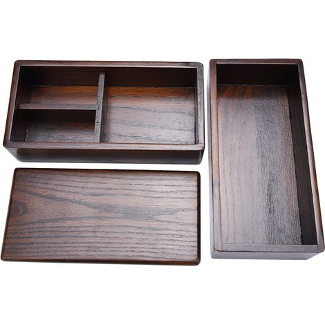 Boîte déjeuner en bois naturel rectangulaire à deux étages, contenant alimentaire pour pique-nique, sushi et bento. (1/5)