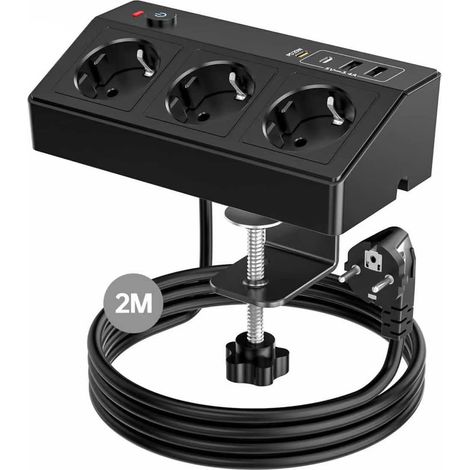 Multiprise de Bureau avec 3 Prises Secteur, 4 Ports USB (Dont USB-C PD 20W) Interrupteur, Câble 2m et Protection Anti-Surtension 4000W/16A Max pour Bureau/Maison (1/5)