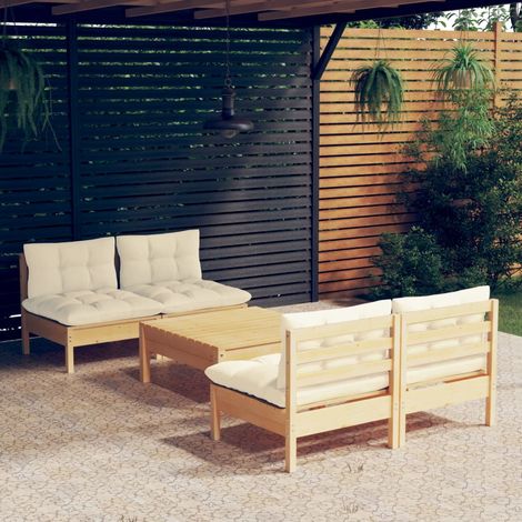 5-tlg. Garten-Lounge-Set mit Creme Kissen Kiefernholz (1/5)