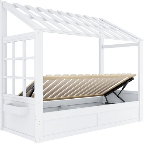 Kinder-Hausbett 90 x 200 cm mit Dach, Fenster, hydraulischem Stauraum und weißen Nischen (1/5)