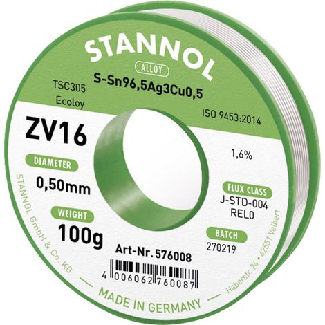 Stannol ZV16 Lötzinn, bleifrei bleifrei Sn96,5Ag3Cu0,5 REL0 100 g 0.5 mm