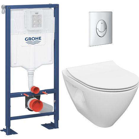 Grohe Pack WC Bâti-support autoportant Solido + Cuvette sans bride Cersanit + Abattant SoftClose + Plaque chrome (AUTOPORTANTMILLE.2)