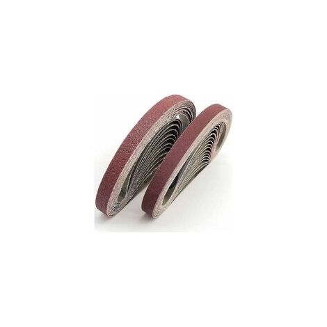Bandes abrasives 520 x 20 mm. 5 granulométries différentes (6 grains : 40/80/120/180/320). Kit de 30 bandes abrasives pour ponceuses pneumatiques. (1/5)