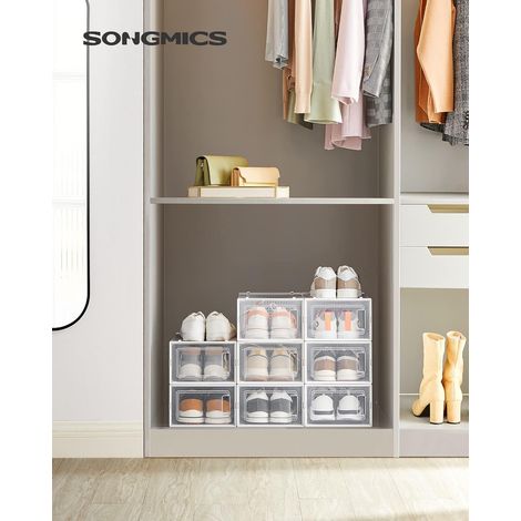 SONGMICS - Cajas para zapatos, paquete de 8 contenedores/organizadores para zapatos plegables y apilables, hasta la talla 44, transparente y blanco (1/5)