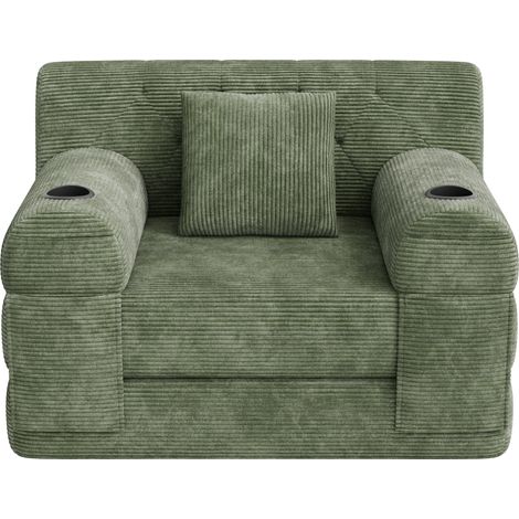 1-Sitzer-Schlafsofa aus grünem Cordvelours, hohe Rückenlehne und Metallgestell (1/5)