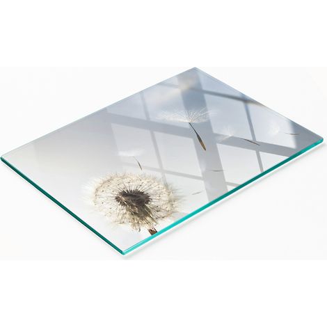 Tabla de cocina decorativa multifuncional de vidrio con dise帽o de diente de le贸n, 80x52 cm.