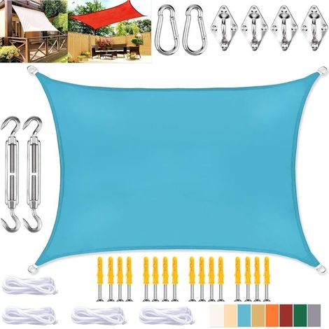 Voile d'ombrage rectangulaire, toile imperméable avec protection UV et kit de fixation, pour terrasse et jardin, bleu lac, 2 x 2 m (1/5)