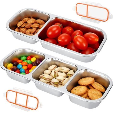 Lot de 2 boîtes à bento en acier inoxydable - 2 et 3 compartiments - Couvercle transparent étanche - Pour (1/5)