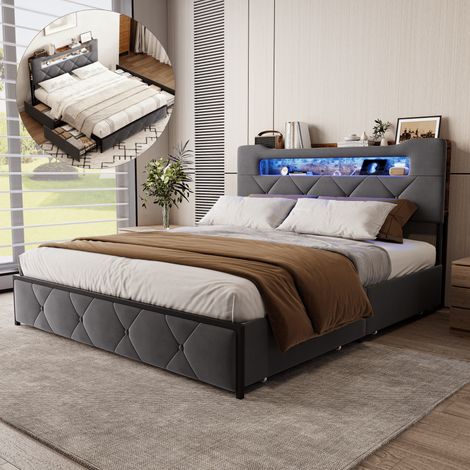 Lit 140x200 cm avec sommier à lattes et 4 tiroirs, Lit adulte avec éclairage LED et charge USB, Cadre de lit coffre 140x200 avec rangement et tête de lit, Velours, Gris (1/5)