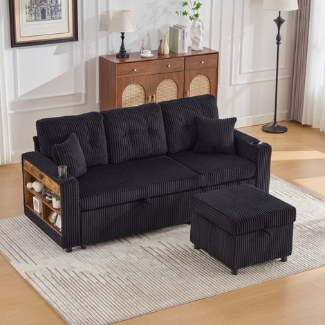Canapé convertible en velours côtelé noir 196 cm avec coffre, USB-C et LED (1/5)