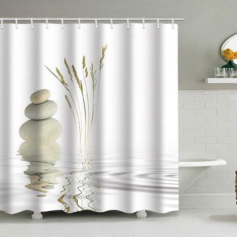 Rideau de douche anti-moisissure 180x180cm, motif galets de pierre japonaise gris zen, imperméable, avec crochets. (1/5)