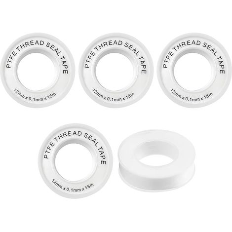 Lot de 5 rubans PTFE blanc 12×13m×0,09mm. Ruban téflon étanche pour filetages plomberie, anti-fuite tuyaux, douche et canalisations (1/5)