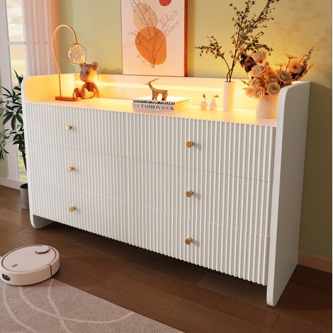 Aparador de tablero de partículas blanco con LED y 6 cajones, diseño ondulado, 120x40x75 cm (1/5)