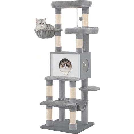 Grand Arbre à Chat 166 cm de Haut, avec 8 Poteaux à Griffer, Tapis Amovible et Lavable, 1 Niche, 2 Plateformes, 1 Panier pour Chat et des 2 Pompons, Gris (1/5)