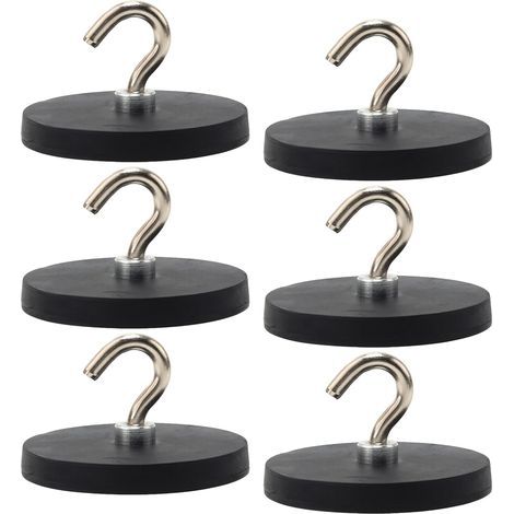 Set mit 6 schwarzen Magnethaken, 43 mm – Gummierte Magnethaken – Extra stark – 10 kg – Für Eisentüren, Kühlschränke (1/5)