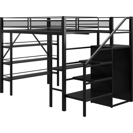 Letto a soppalco 140 x 200 cm in metallo nero con scrivania e scala contenitore (1/5)