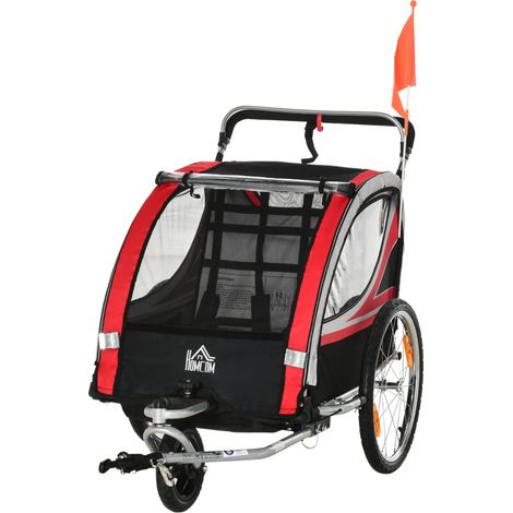 2-in-1-Kinderfahrradanhänger/Jogger/Kinderwagen, 26,4 kg Tragkraft, mit Reflektoren und Fahne – 2 Sitze – Rot
