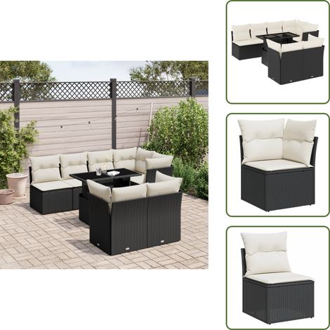 The Living Store Salon de jardin 8 pcs avec coussins noir résine tressée - Ensemble Salon De Jardin - Meuble Extérieur - Table Extensible - Chaise Lounge - Canapé D'extérieur (1/5)