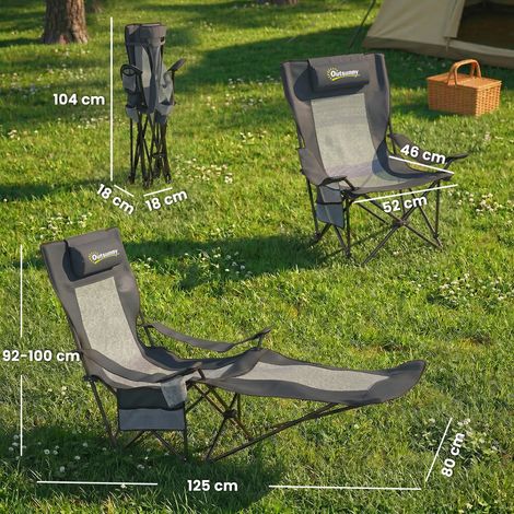 Ensemble de 2 chaises de camping/pêche pliantes avec dossier réglable, repose-pieds, porte-gobelet et appui-tête, gris foncé (1/5)