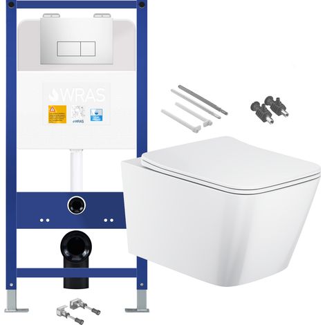 Gloss White Rimless Square Wall Hung Toilet with 1.10m Concealed Cistern Frame Set - Chrome Plate (1/4)