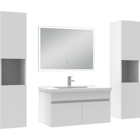 Ocean Ensemble meuble Salle de Bain 80cm avec colonne et miroir lumineux blanc
