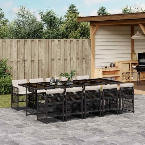 Ensemble repas de jardin 11 pièces, table et 10 chaises, résine tressée noire, coussins crème - PANGIVO (1/5)