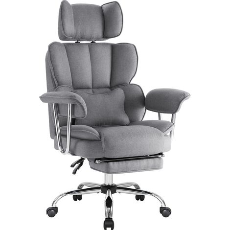 IWMH Chaise de Bureau à Dossier Grand avec Coussin Lombaire, Chaise de Direction avec Repose-Pieds Extensible et Accoudoirs, Fauteuil Ergonomique avec Appui-tête Réglable en Hauteur - Tissu - Gris