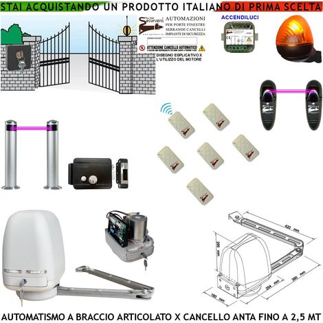 Cancello Automatico Kit Motore a Braccio Articolato 220/24 V Anta da 0,5 a 2,5 MT Elettroserratura Accendiluci 6 Radiocomandi Faro Selettore 2 Paline 2 Foto (1/4)